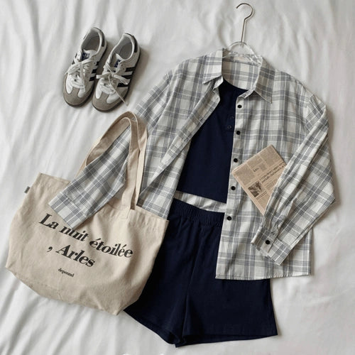 ATTRANGS - Joynel Plaid Shirt, Button Camisole & Elastic Waist Shorts 3-Piece Set (Sun Protection, Vacation Outfit)